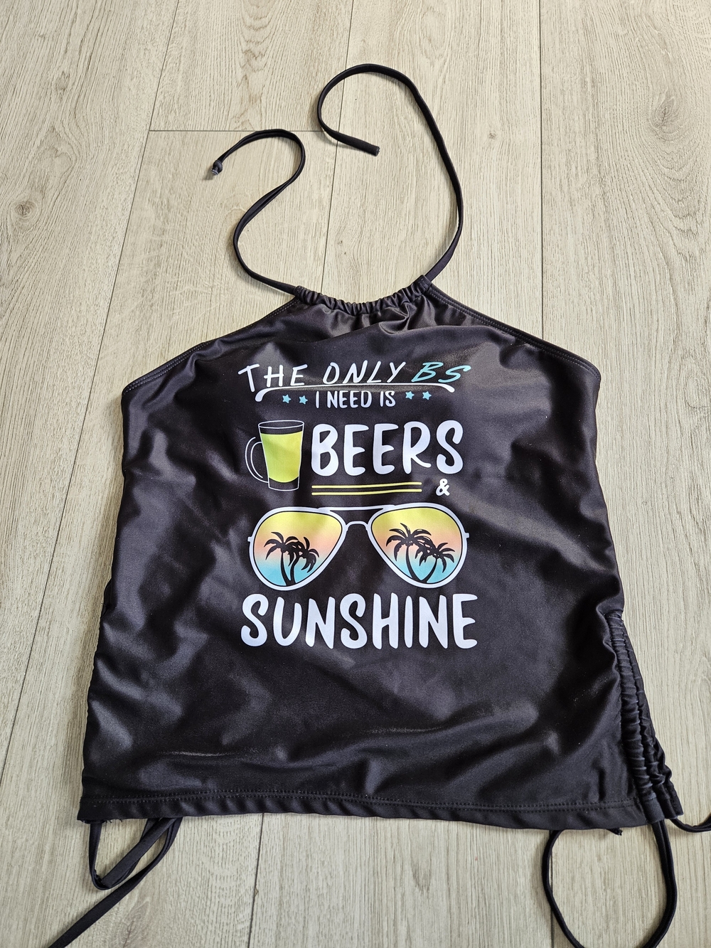 Graphic Tankini Swim Top Beers & Sunshine Black Halter Ruched Sides Size L🔥